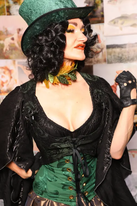 Cropped Marie Bodice in Black & Green Medallion -  The Fowl Majesty Collection