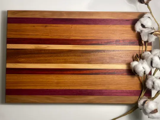 24M006 - Mixed Sycamore, Purpleheart, Hickory & Padauk Board with Champered Edge