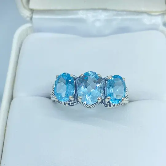 Natural Blue Topaz Ring, Size 6.5, Triple Gem Setting | Vintage Style #D41 - Ready to Ship