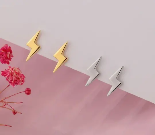 Lightning Bolt Stud Earrings (925 Silver) Gold or Silver