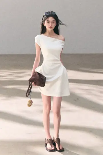 Off-White Off-Shoulder Mini Dress Women Ruched Waist A-Line Dress with Pockets R9361