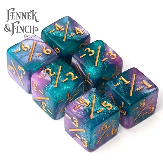 Byzantium Aurora D6 Counter Set – 6-Piece Blue Purple Glitter Negative Dice
