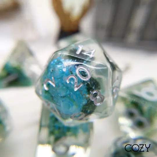 Abalone Shell and Moss Dice Set – 7-Piece Real Sea Shell DnD Dice