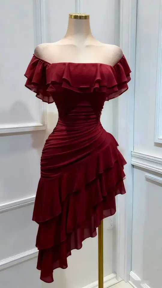 Elegant Burgundy A-Line Strapless Ruffled Tulle Bodycon Mini Dress with Asymmetrical Hem Homecoming Dress RS207