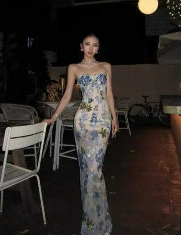 Elegant Transparent Floral Sequin Sheath Strapless Bodycon Maxi Evening Dress RS279