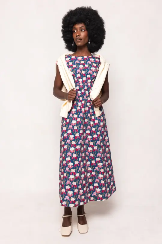 Carly Dress in Navy Pressed Petals