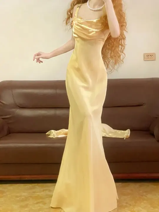 Apricot Spaghetti-Strap Waist-Cinched Floor-Length Ball Gown, Bridal Gown R7350
