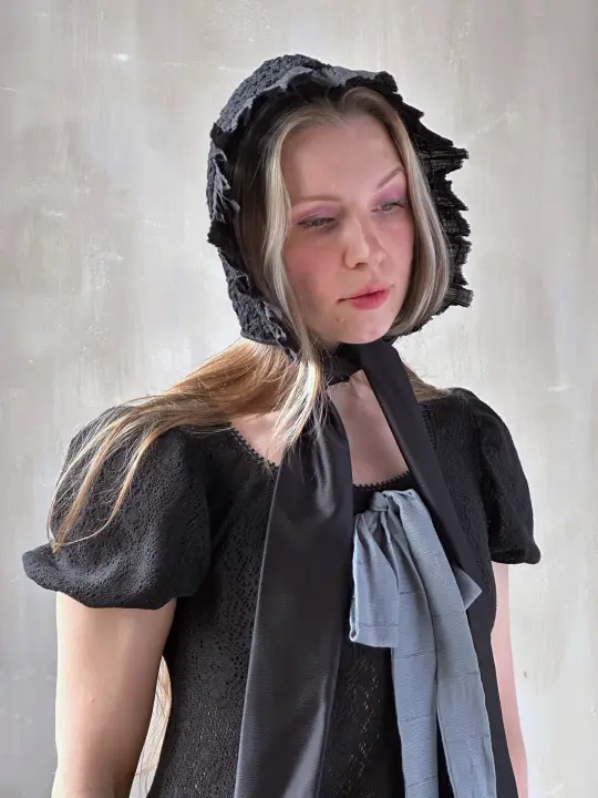Spring '26: Bonnet with Silk Ties in Black Crinkle Cotton Knit (In Stock)