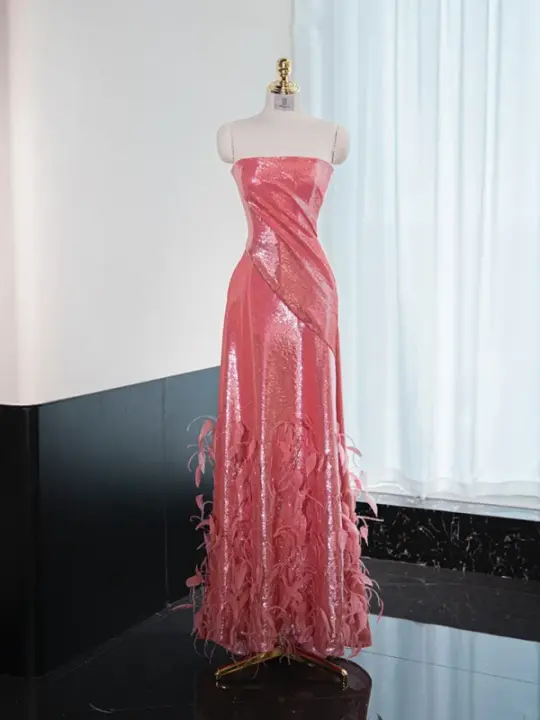 Pink strapless fitted long ball gown, bridal dress R8981