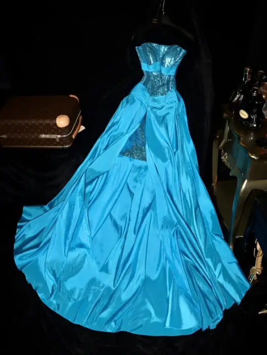 Blue strapless sequined fitted long ball gown R6989