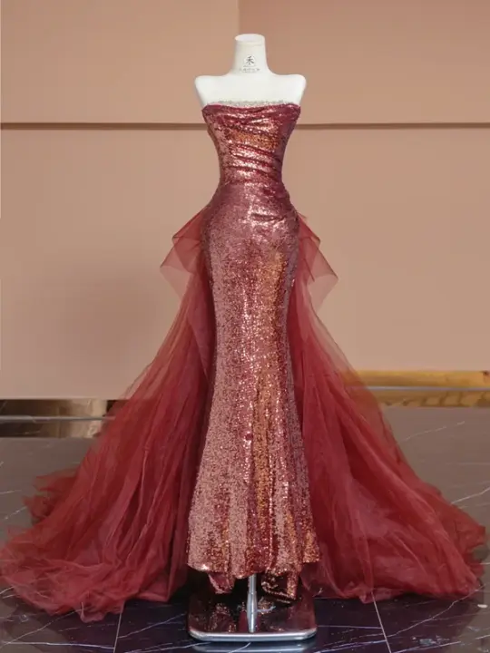 Red sequined strapless fitted waist bodycon long ball gown/bridal dress R8298