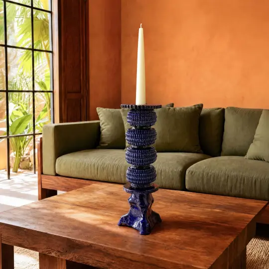 Large Blue Barro Vidriado Candle Holder