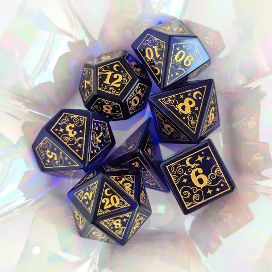 Dreamy Indigo Glass Dice Set – 7-Piece Celestial DnD Dice with Gold Stars | Fennek & Finch