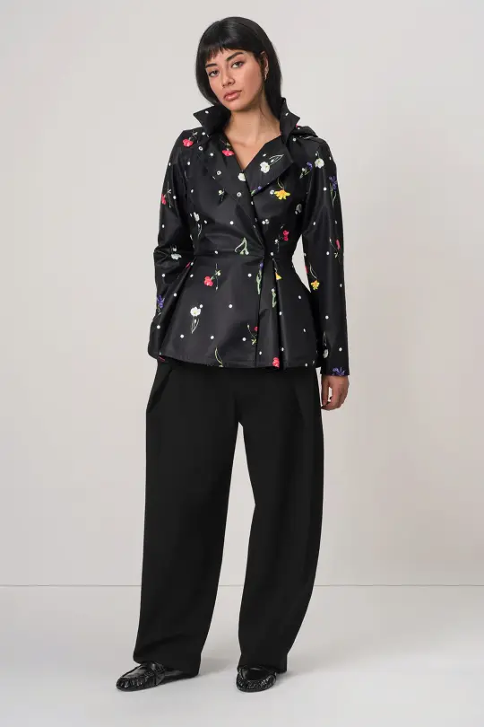 Double Breasted Jacket with Detachable Hood in Black | Cosmic Meadow