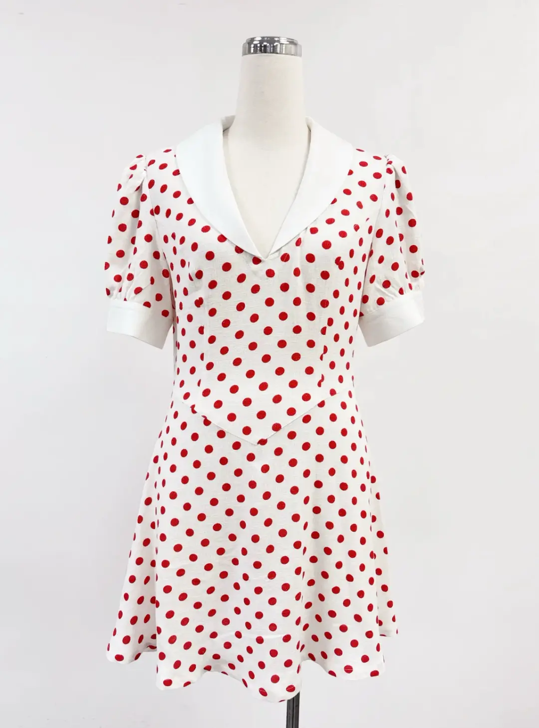 SAMPLE #411 - S Soft Linen Polka Dot Collared Mini Dress - White / Red