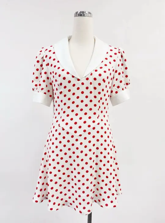 SAMPLE #411 - S Soft Linen Polka Dot Collared Mini Dress - White / Red