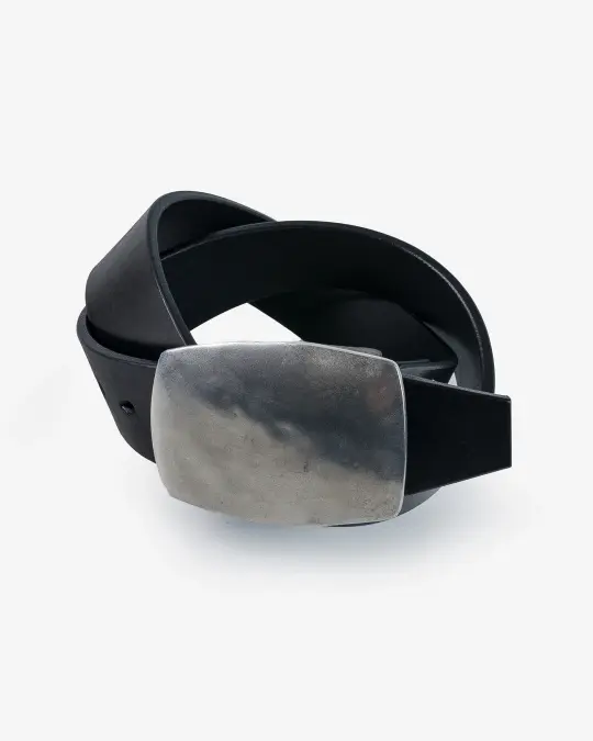 Heavy Plate Pewter Buckle Tochigi Leather Belt - Black