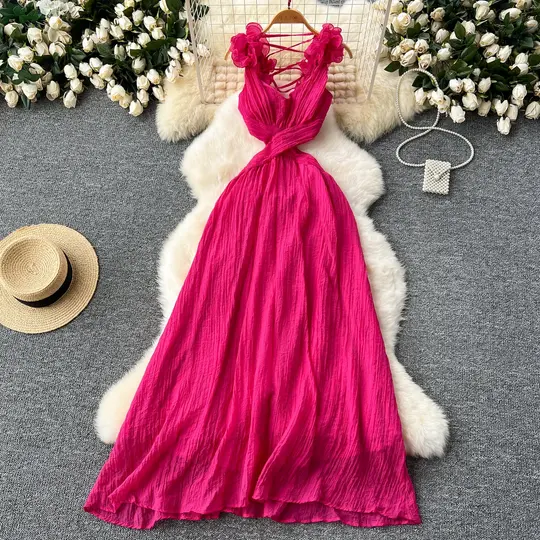 Sexy ruffled halter dress with open back and hollow waist, slim French holiday dress R2208