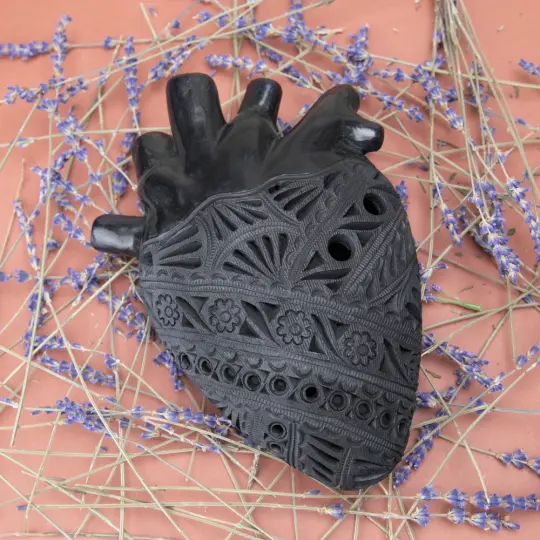Carved Barro Negro, Black Clay, Heart Wall Art Sculpture