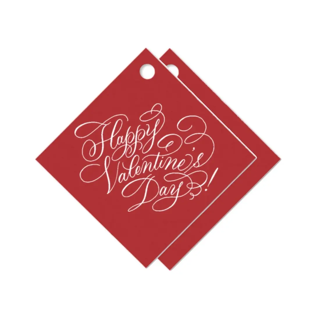 Happy Valentine's Day custom calligraphy white foil on red Tags, Set of 15