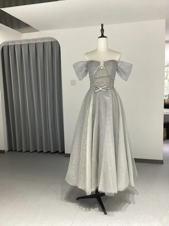 Gray slim waist A-line ball gown, bridesmaid dress R5979