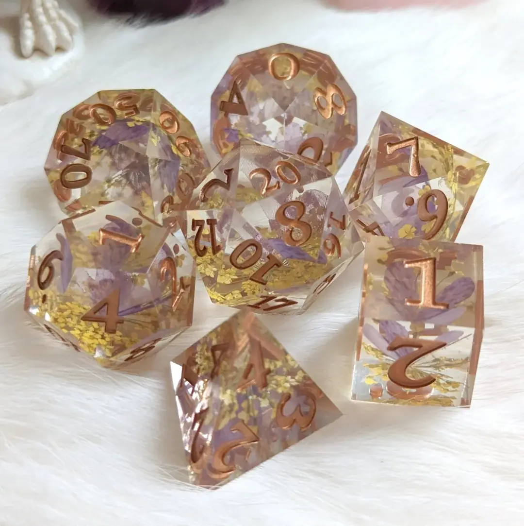 Purple Butterfly Yellow Flower Dice Set – 7-Piece Nature DnD Dice