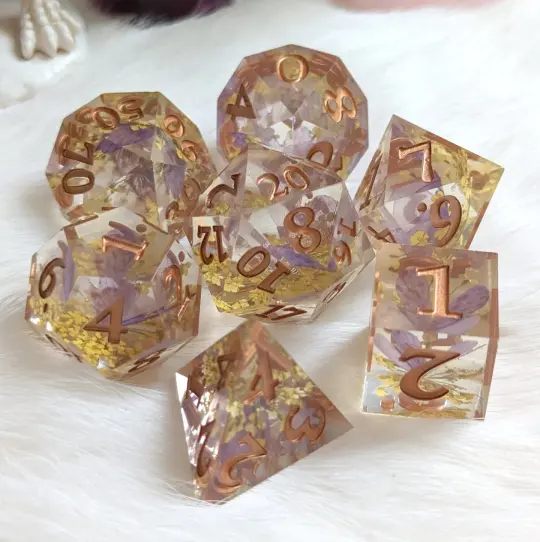 Purple Butterfly Yellow Flower Dice Set – 7-Piece Nature DnD Dice