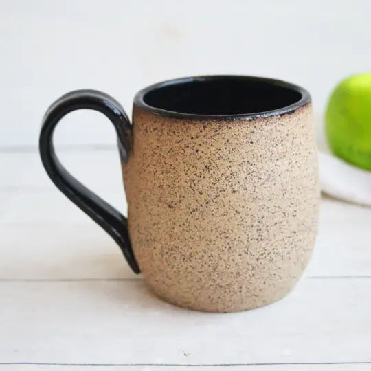 Rustic Black and Brown Raw Stoneware Pottery Mug, 16 Ounce, Made in USA