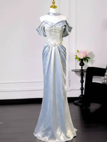 Elegant Ivory Prom Gown , Silky Satin Beaded Maxi Evening Dress RS1330