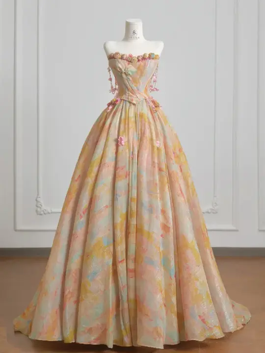 Light orange strapless, fitted waist, full skirt, long ball gown, bridal dress R8223