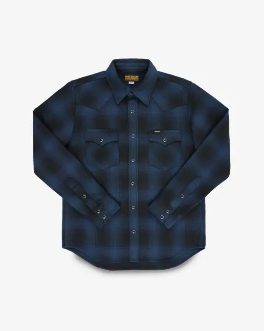 Ultra Heavy Flannel Ombré Check Western Shirt - Navy/Black