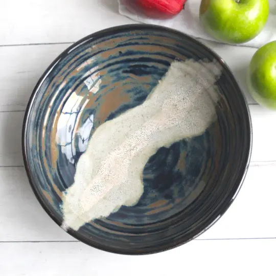 Modern Rustic Shallow Serving Bowl with Swirling Dark Glazes, Pottery Bowl, Made in USA