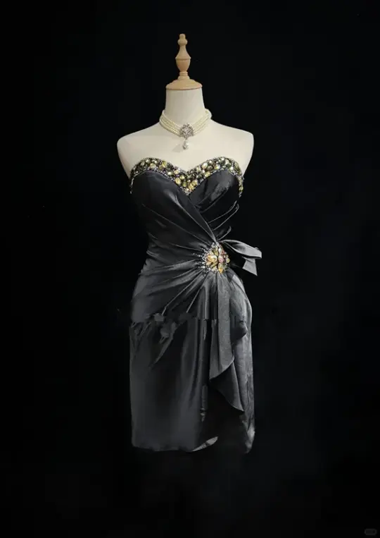 Black tube top diamond waist design sense slimming short dress homecoming dress R4894