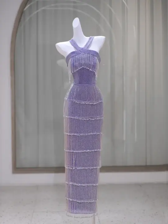Purple halterneck slim waist tassel sexy hip-hugging prom dress bridal gown R5870