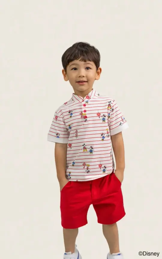 Mandarin-collared Polo Tee - Firecracker Mickey