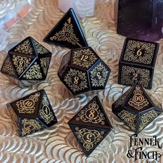 Garden Gate Obsidian Gemstone Dice Set – 7-Piece DnD Dice | Fennek & Finch