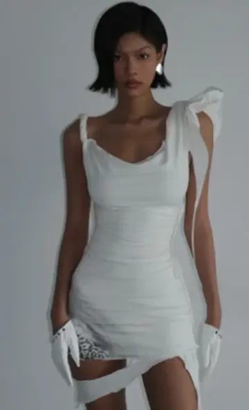 White suspender design, slim waist, irregular skirt, elegant short skirt, homecoming dress R4607