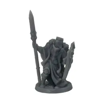 Unpainted 32mm 3D-printed helmed paladin with a warspear held upright and a heavy ornamented shield — tabletop RPG miniature for D&D, Pathfinder & wargaming