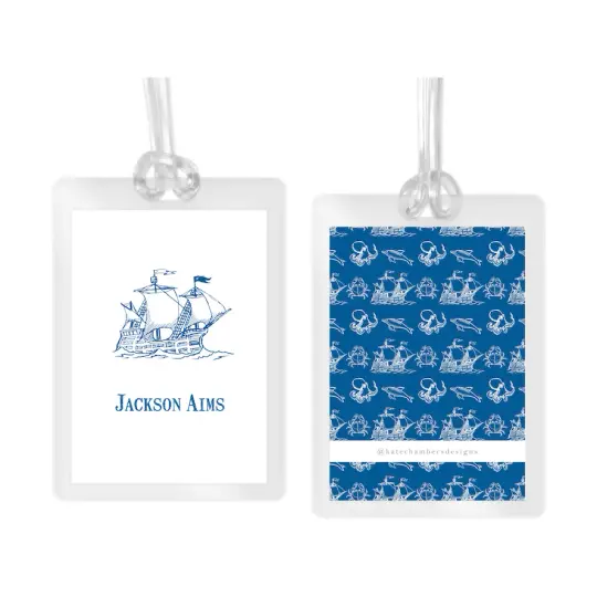 Boy's Blue Pirate Ship Laminated Bag Tag