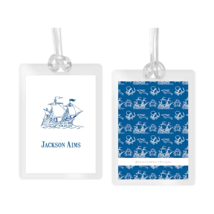 Boy's Blue Pirate Ship Laminated Bag Tag