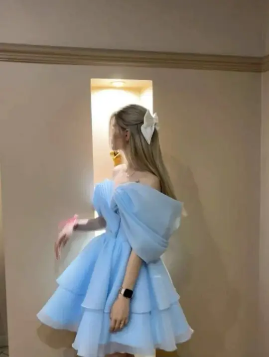 Dreamy Tulle Ruffled Women's Homecoming Dress Baby Blue Corset Short Prom Gown Birthday Dress RS2947