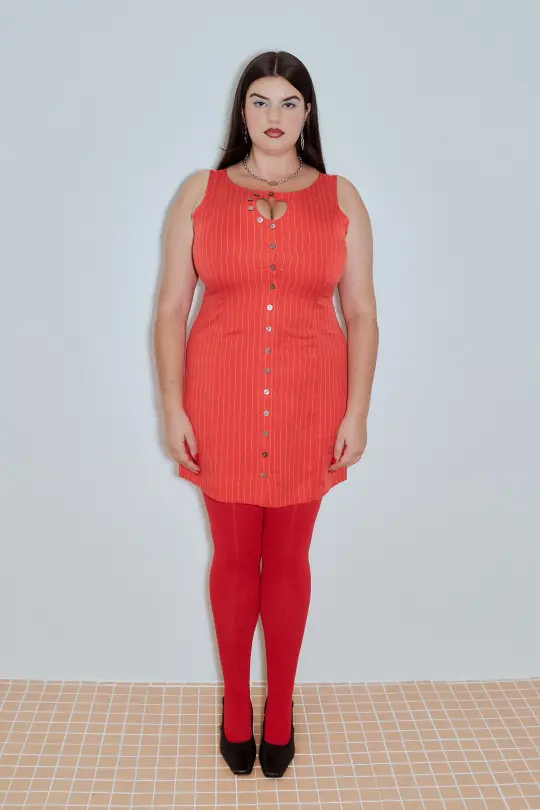 Unbuttoned Mini Dress Tencel Stripe Red