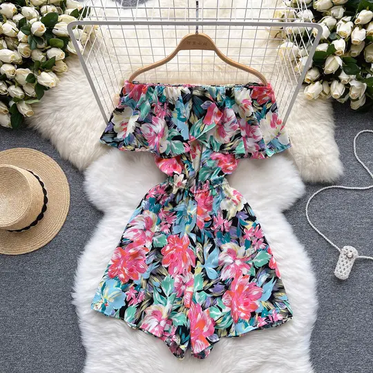 Floral jumpsuit summer ruffled one-shoulder slimming off-shoulder waist wide-leg shorts R2308