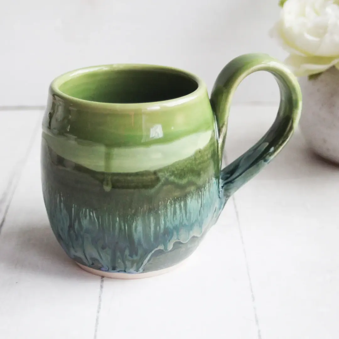 Handmade Ceramic Coffee Mug in Green & Blue Glaze, Made in USA