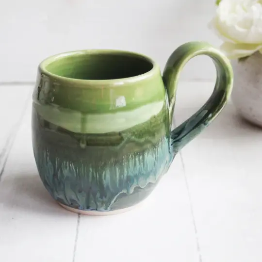 Handmade Ceramic Coffee Mug in Green & Blue Glaze, Made in USA