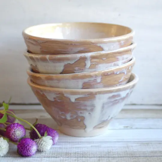 Custom Order for Kathleen, Set of 16 Hand Thrown Bowls in Ocher and White Glaze