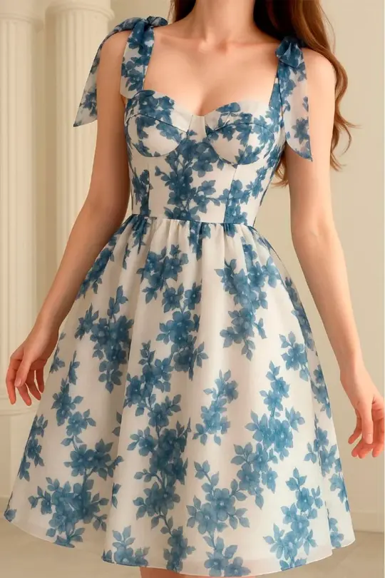 White background blue print waist strap slim A-line short skirt homecoming dress R3203