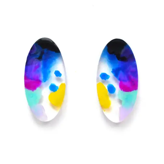 Blue and Purple Abstract Art Oval Resin Stud Earrings