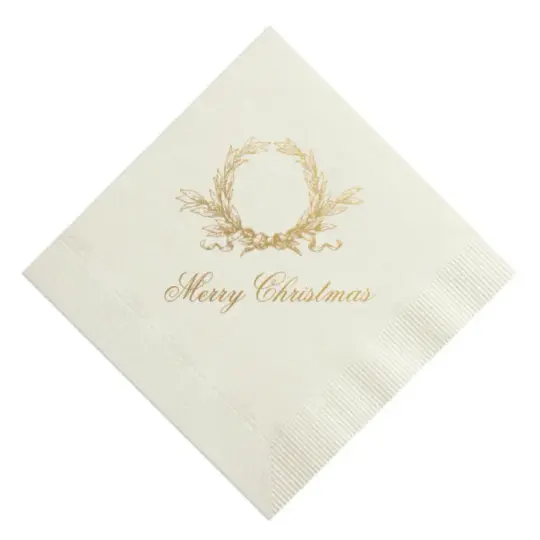 Gold foil on Cream wreath Merry Christmas Foil Print Cocktail Napkins, set of 20