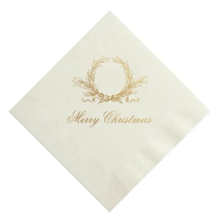 Gold foil on Cream wreath Merry Christmas Foil Print Cocktail Napkins, set of 20